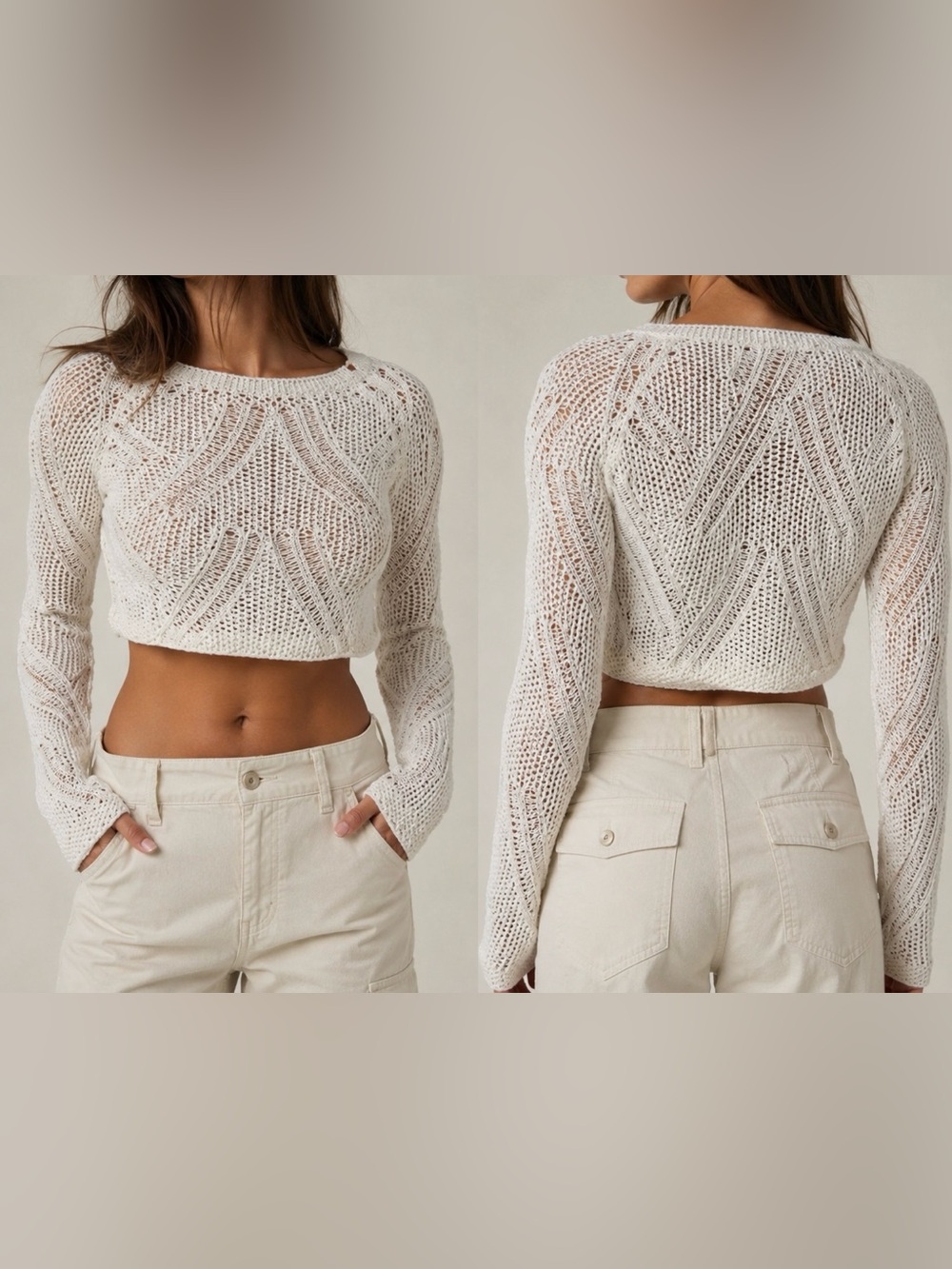 PrettyLittleThing White Open-Knit Cropped Crew Sweater Size M NWT - Picture 2 of 6